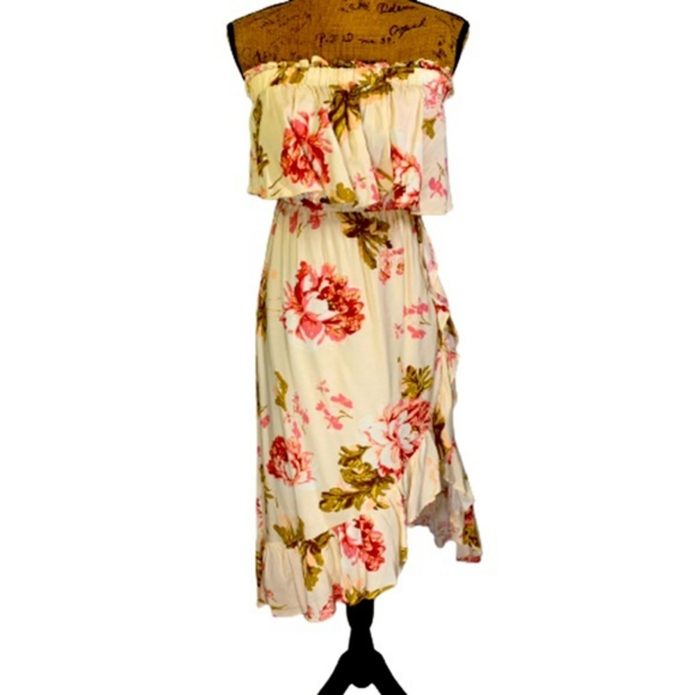 SWEET POT Cream & Pink Floral Print Strapless Blouson Dress - NWT